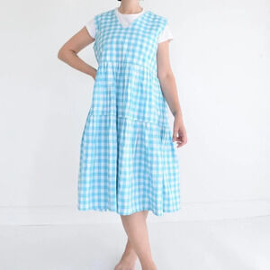 Blue  and White Gingham V-Neck Sleeveless Maxi Dress